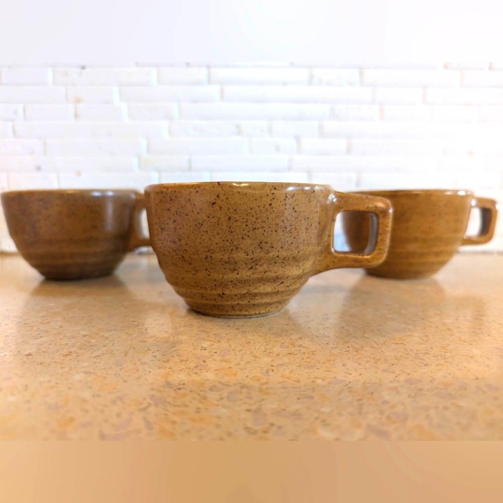 Vintage Monmouth 3 Coffee Cups Brown Stoneware Maple Leaf Beehive Mid Century
